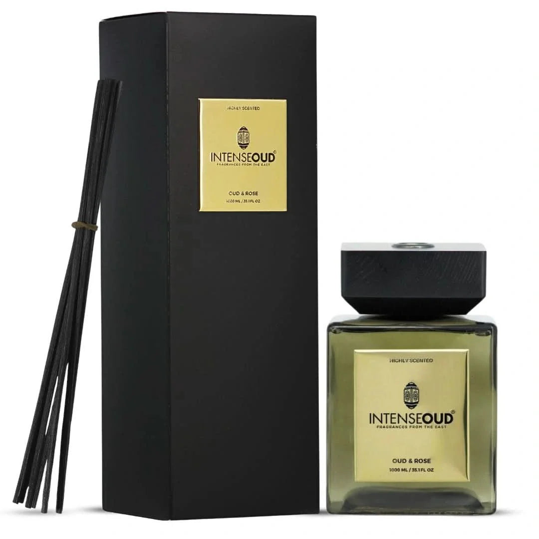 INTENSE OUD Reed Diffuser, Oud Rose – 1000ml (35.1 oz) – Fragrance for Up to 90 Days – Reusable, Refillable Glass Holder, Includes 6 All-Natural Reed Sticks - Intense Oud