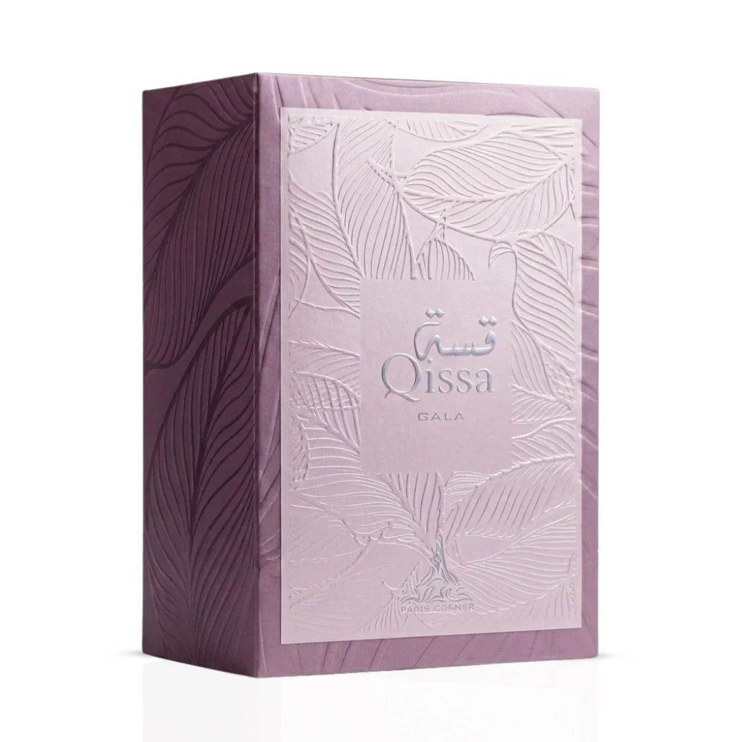 Paris Corner Qissa Gala Eau de Parfum spray 100ml bottle with elegant packaging and fragrance details visible.