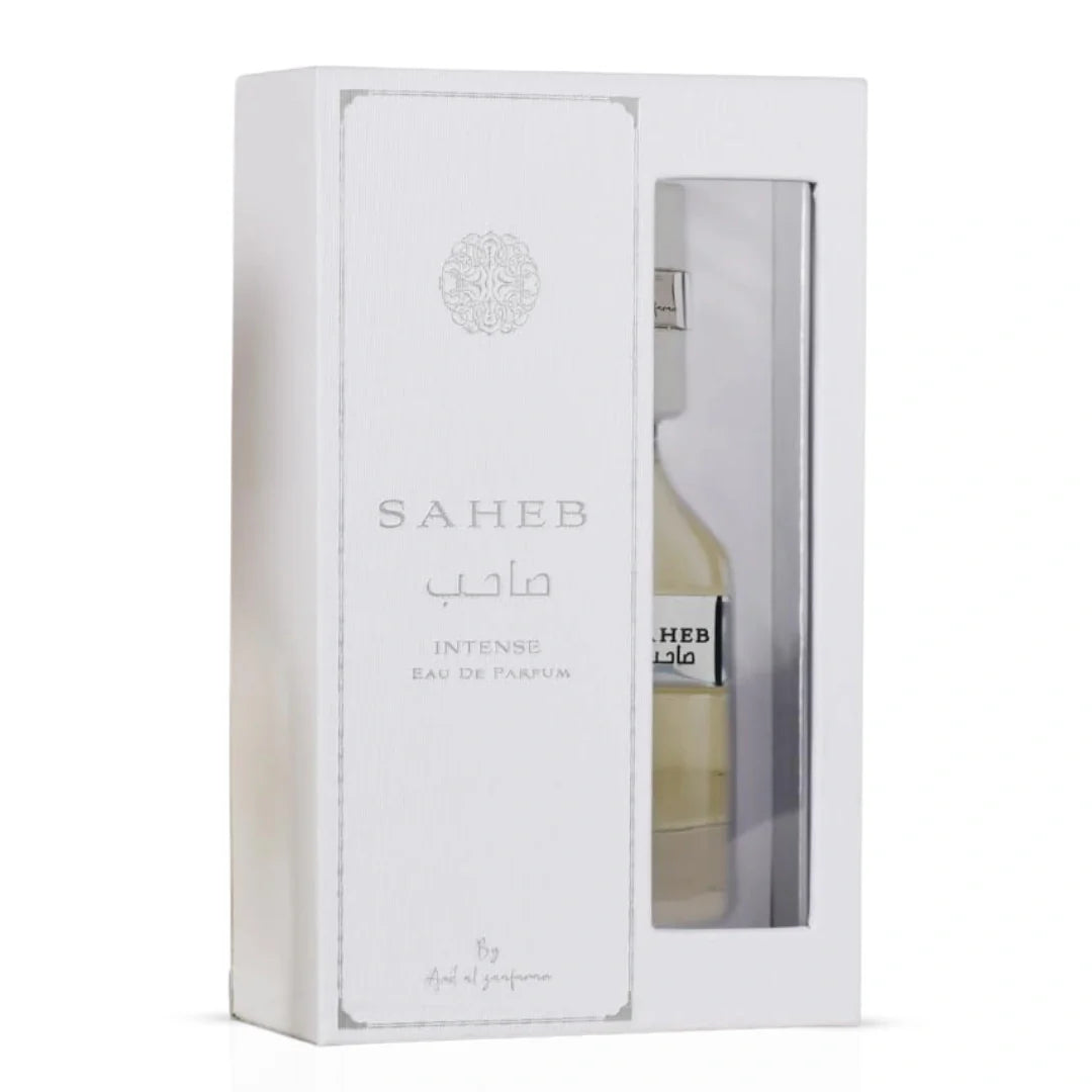 Ard Al Zaafaran Saheb Intense Eau de Parfum spray 100ml with elegant bottle and gold accents, showcasing luxurious fragrance packaging.