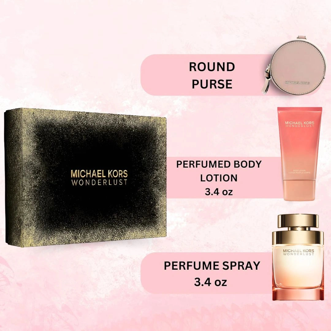 Michael Kors Wonderlust 3Pc Gift Set (3.4oz EDP Spray, 3.4oz Body Lotion, Round Purse)