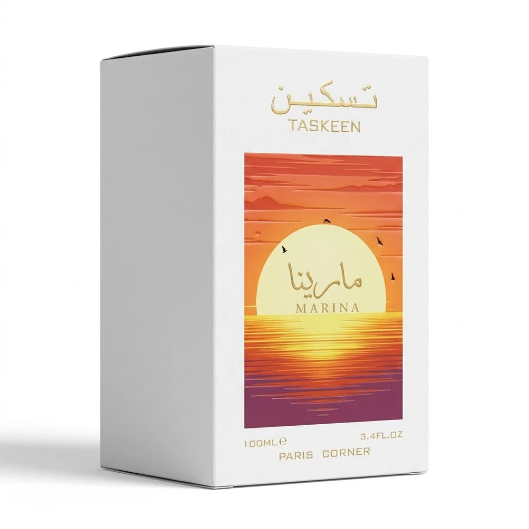 Taskeen Marina Eau de Parfum spray by Paris Corner, 100ml, with a sleek bottle and elegant design.