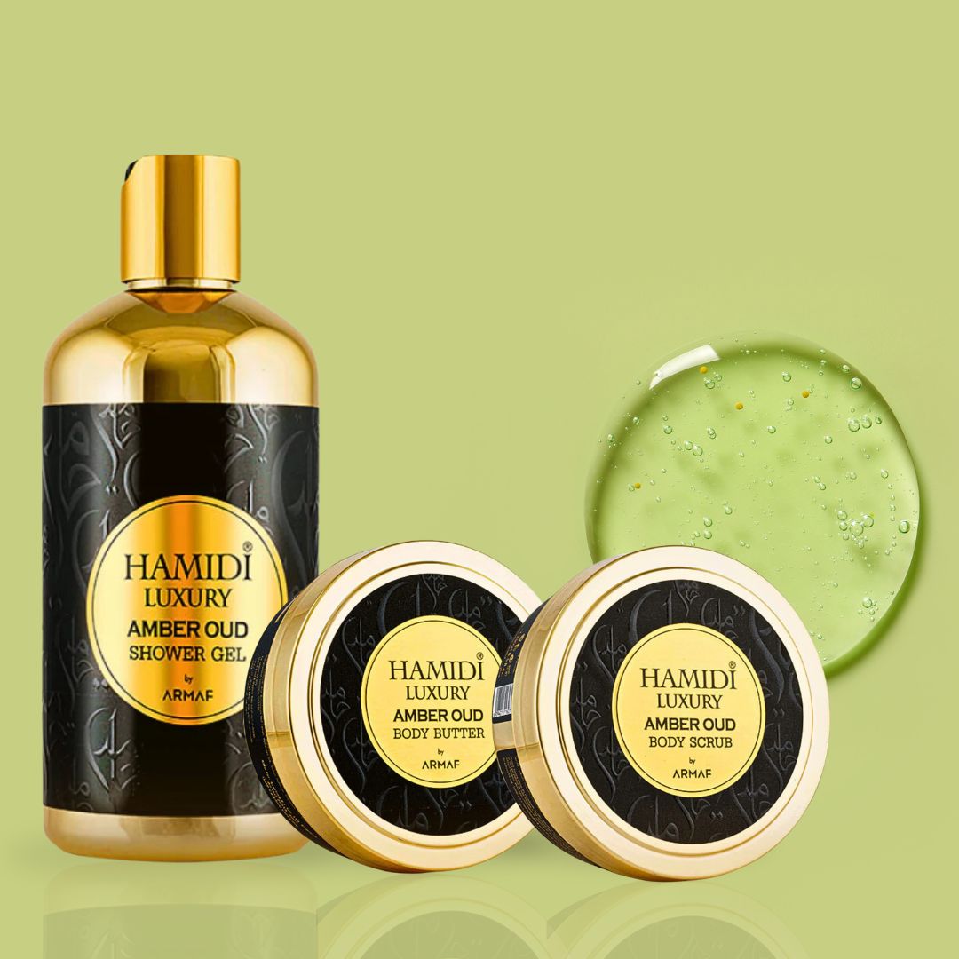 3PCS LUXURY AMBER OUD - Bath & Body Gift Set Magnetic Box By Hamidi | Ultra Moisturizing, Skin-Nourishing, Naturally Derived Ingredients. (Pack Of 3)