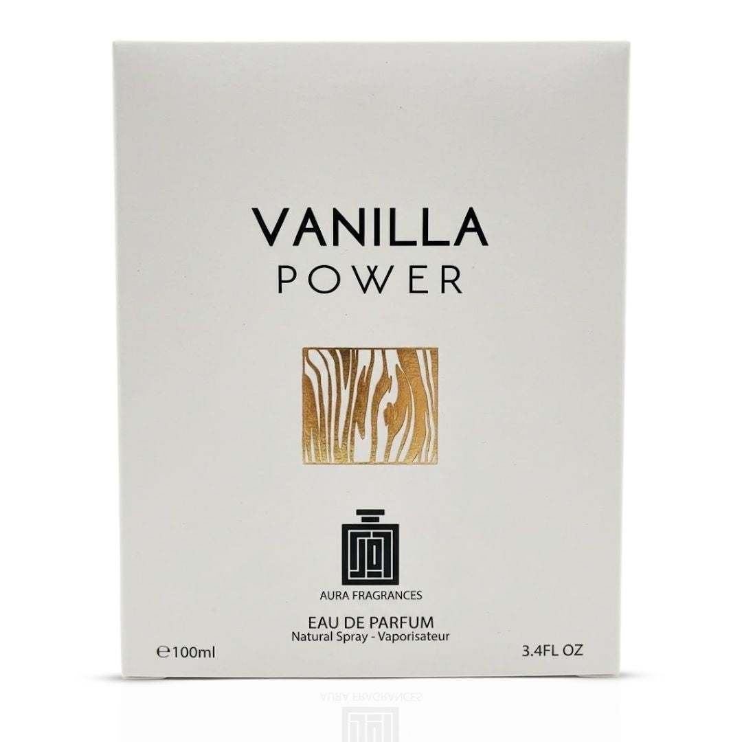 Aura Fragrances Vanilla Power Eau De Parfum spray bottle, 100ml, with elegant packaging and a vanilla-scented fragrance.