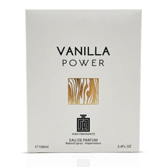 Aura Fragrances Vanilla Power Eau De Parfum spray bottle, 100ml, with elegant packaging and a vanilla-scented fragrance.