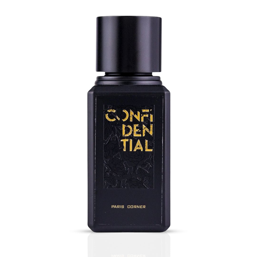 Confidential Eau de Parfum Spray by Paris Corner, 100ml bottle, elegant design with a sleek black cap and clear glass.