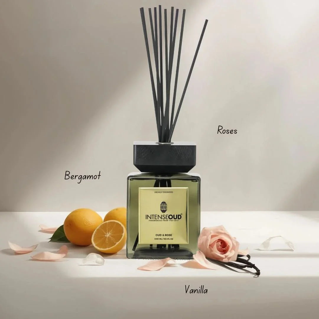 INTENSE OUD Reed Diffuser, Oud Rose – 1000ml (35.1 oz) – Fragrance for Up to 90 Days – Reusable, Refillable Glass Holder, Includes 6 All-Natural Reed Sticks - Intense Oud