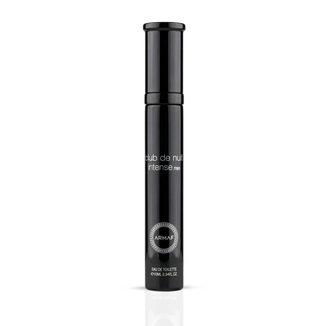 Travel size Armaf Club De Nuit Intense Man Eau de Toilette spray, 10ml bottle with sleek black packaging and silver cap.