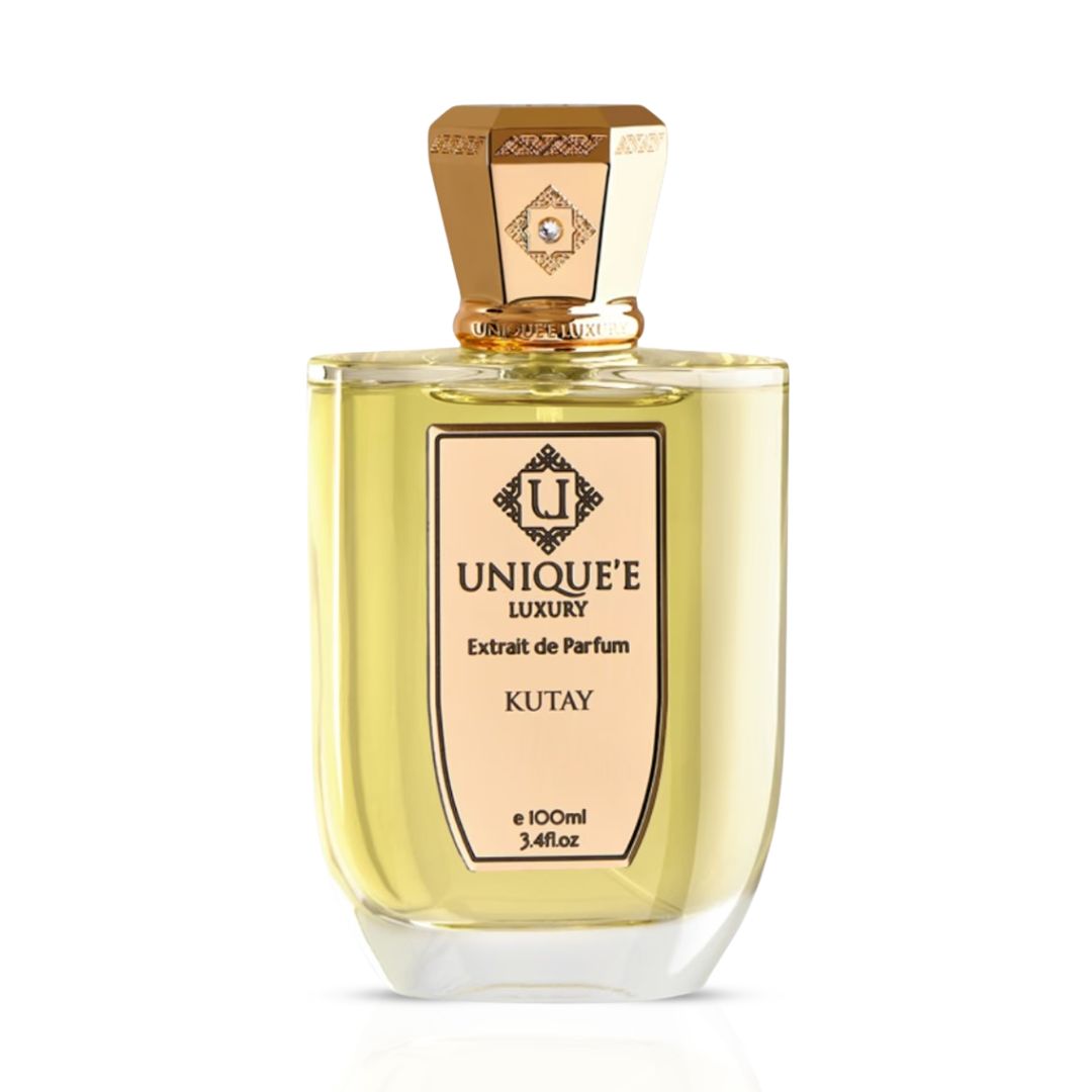 Unique'e Luxury Kutay Extrait de Parfum Spray 100ml, elegant glass bottle of EDP fragrance with a sleek design.