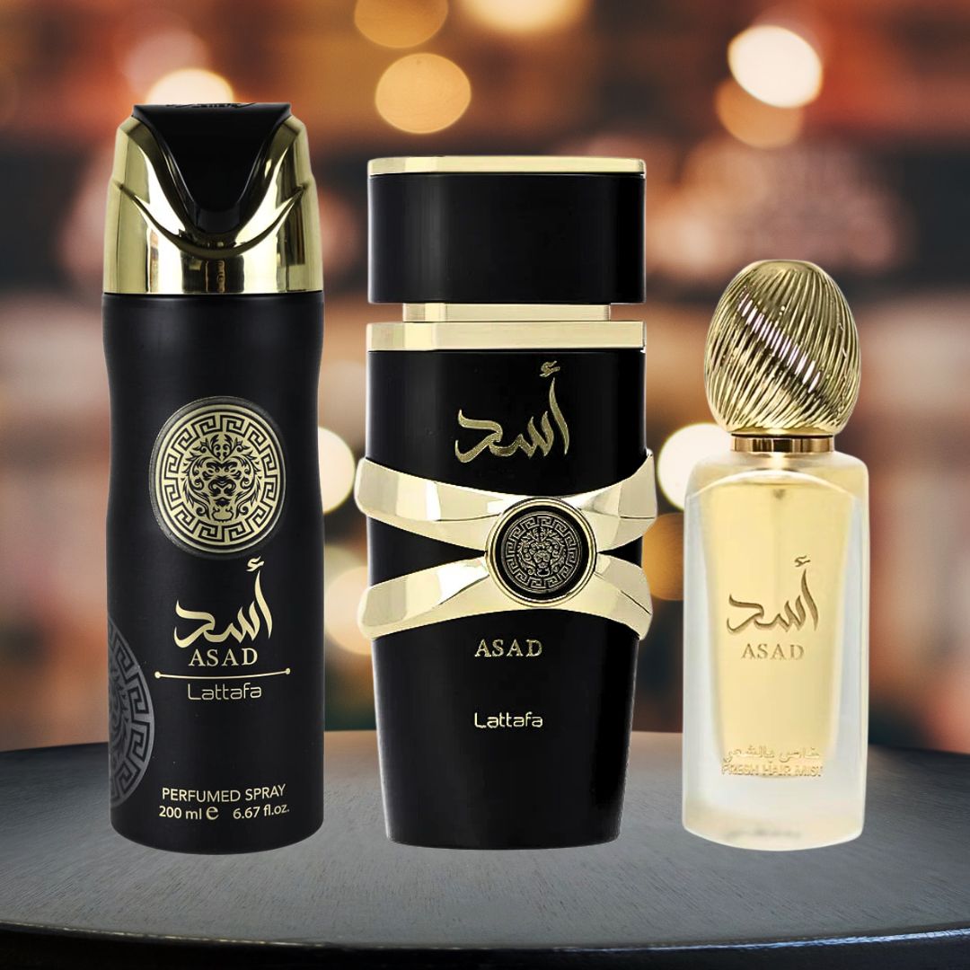 Asad Gift Set EDP Spray - 100ML, Hair Mist - 50ML, Perfumed Spray 200ML | Gift Set By Lattafa