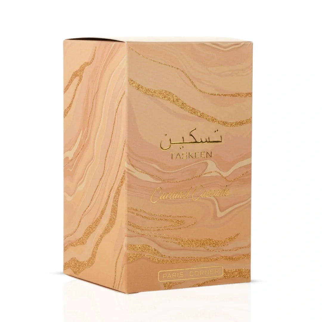 Paris Corner Taskeen Caramel Cascade Eau de Parfum spray 100ml with elegant bottle and caramel-colored liquid.