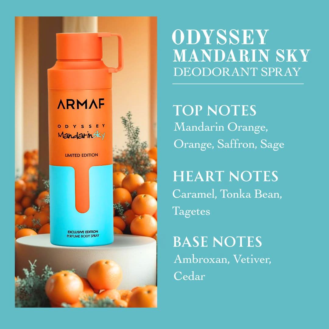 Odyssey Mandarin Sky Limited Edition deodorant spray by Armaf, 200ml, with a sleek bottle design featuring orange and blue accents.