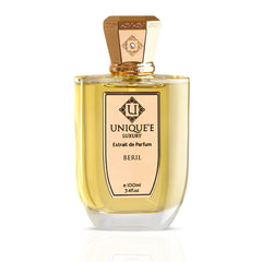 Beril Extrait de Parfum spray by Unique'e Luxury, 100ml (3.4 oz), featuring elegant perfume bottle with gold accents and sleek design.