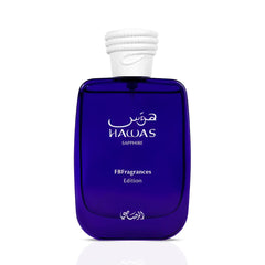 Hawas Sapphire Rasasi cobalt-blue eau de parfum bottle, 100ml long lasting men's perfume spray.