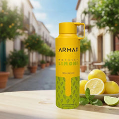Odyssey Limoni Fresh deodorant spray by Armaf, 200ml, featuring a sleek bottle with lemon and citrus scent accents.