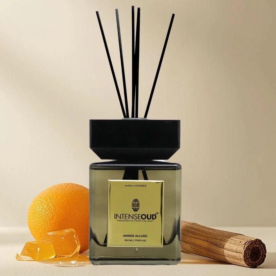 INTENSE OUD Reed Diffuser, Amber Allure – 500ml (17.6 oz) – Fragrance for Up to 90 Days – Reusable, Refillable Glass Holder and Includes 6 All-Natural Reed Sticks - Intense Oud