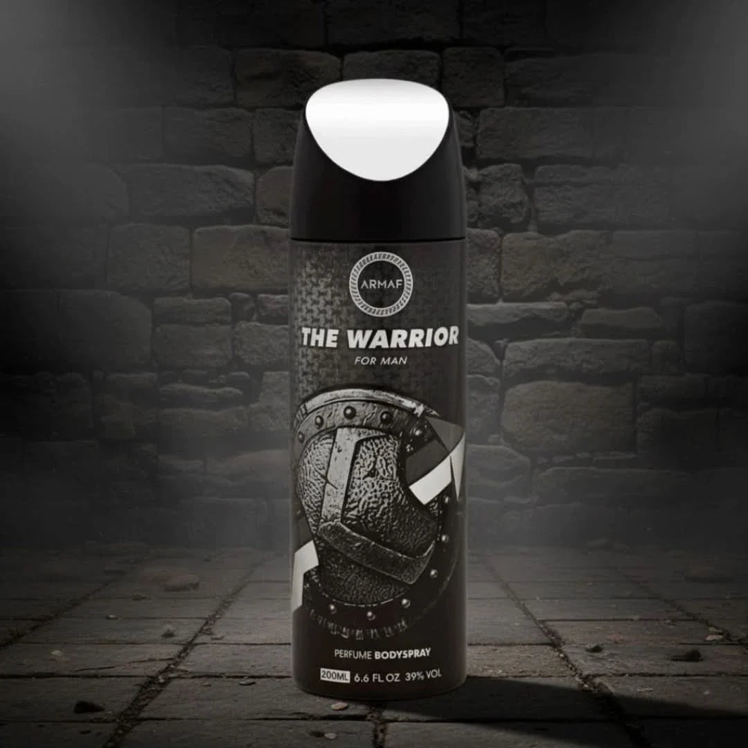 Armaf Warrior deodorant spray 200ml bottle with sleek black and silver design, showcasing the product surface and branding.