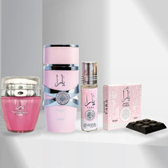 YARA Eau De Parfum Spray 100ML, Hand & Body Lotion 45ML, Roll-on Perfume Oil 10ML & Bakhoor 40gm - For Women by Lattafa. (YARA COLLECTION)