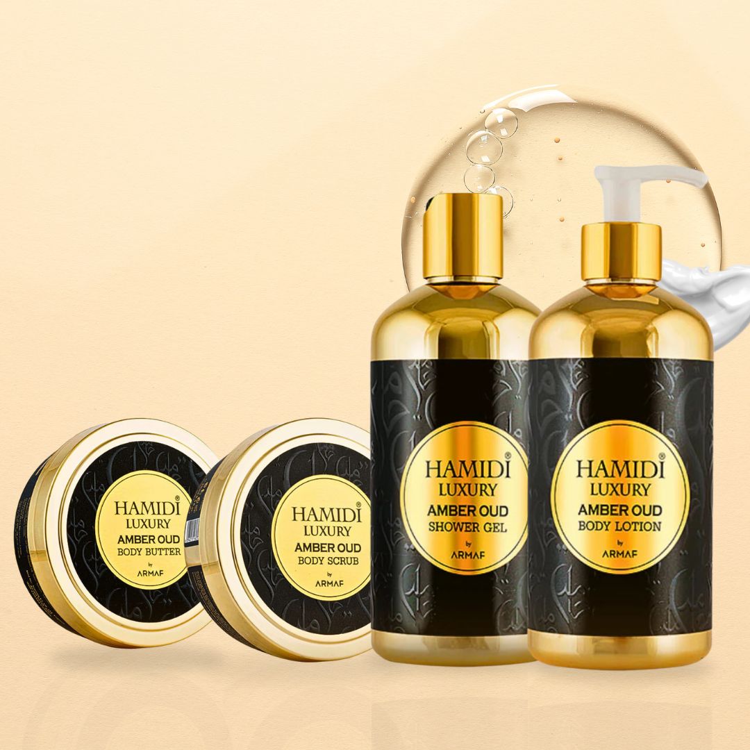 4PCS LUXURY AMBER OUD - Bath & Body Gift Set Magnetic Box By Hamidi | Ultra Moisturizing, Skin-Nourishing, Naturally Derived Ingredients. (Pack of 4)