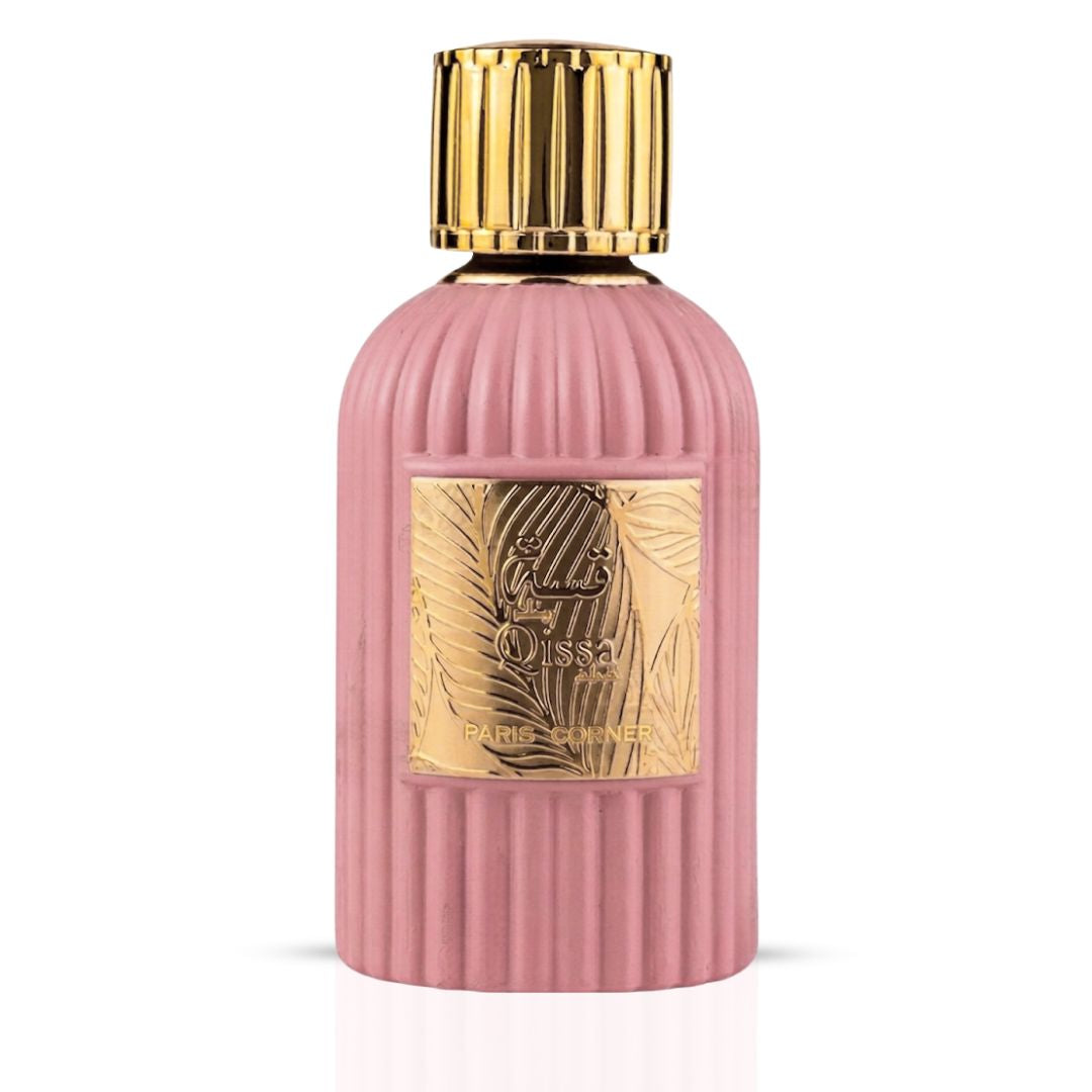 Qissa Pink Eau de Parfum spray by Paris Corner, 100ml bottle with pink floral design and elegant packaging.