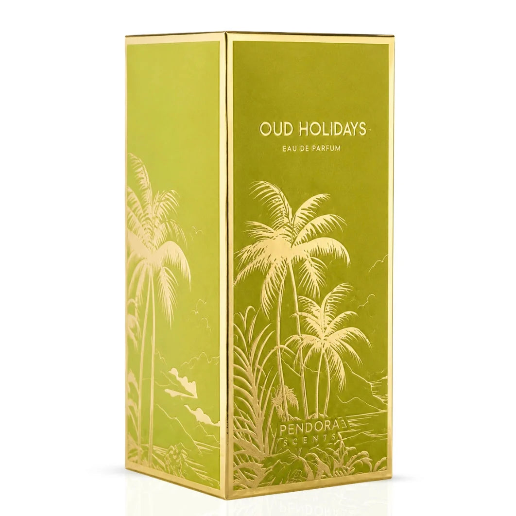 Paris Corner Oud Holidays Eau de Parfum spray 100ml, featuring elegant glass bottle and luxurious fragrance for special occasions.
