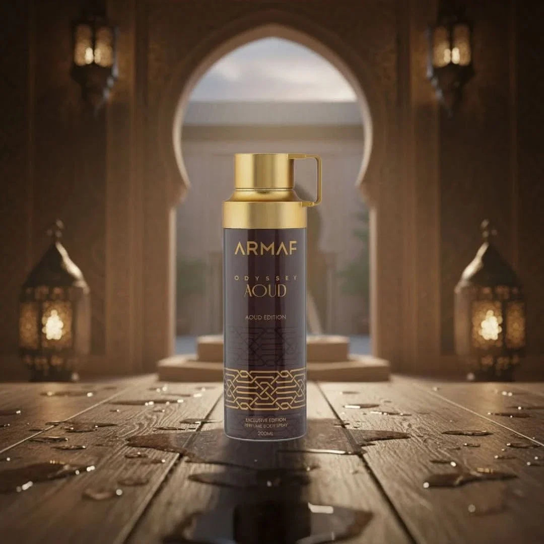 Odyssey Aoud deodorant spray by Armaf, 200ml, featuring a sleek, cylindrical container with the product label visible.