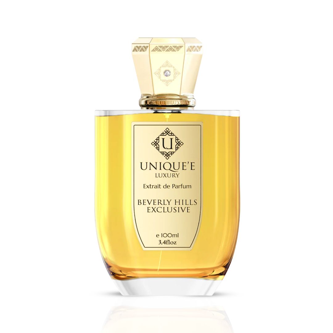 Unique'e Luxury Beverly Hills Extrait de Parfum 100ml EDP bottle with elegant design and gold accents.