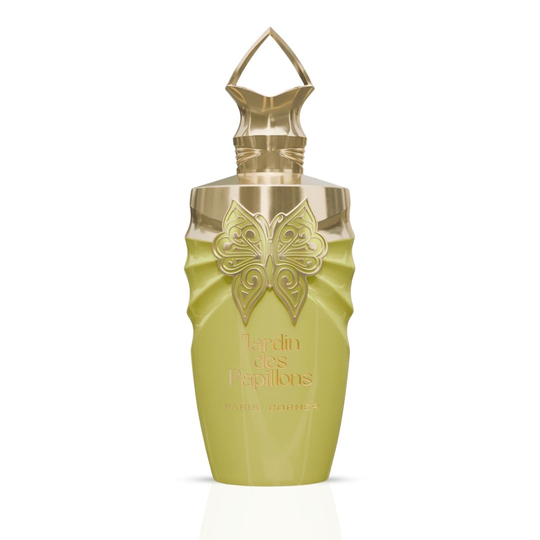 Paris Corner Jardin des Papillons Eau de Parfum spray 100ml bottle with elegant floral design and transparent glass packaging.