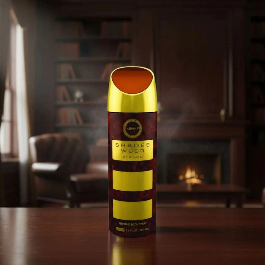 Armaf Shades Wood deodorant spray 200ml bottle with a sleek design and natural wood-inspired label.