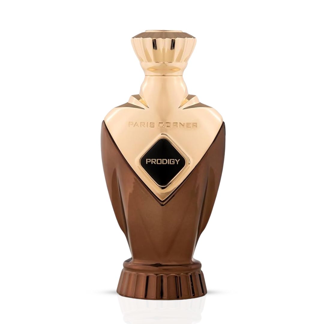 Prodigy Eau de Parfum Spray by Paris Corner, 100ml bottle with elegant packaging, showcasing the perfume bottle and cap.