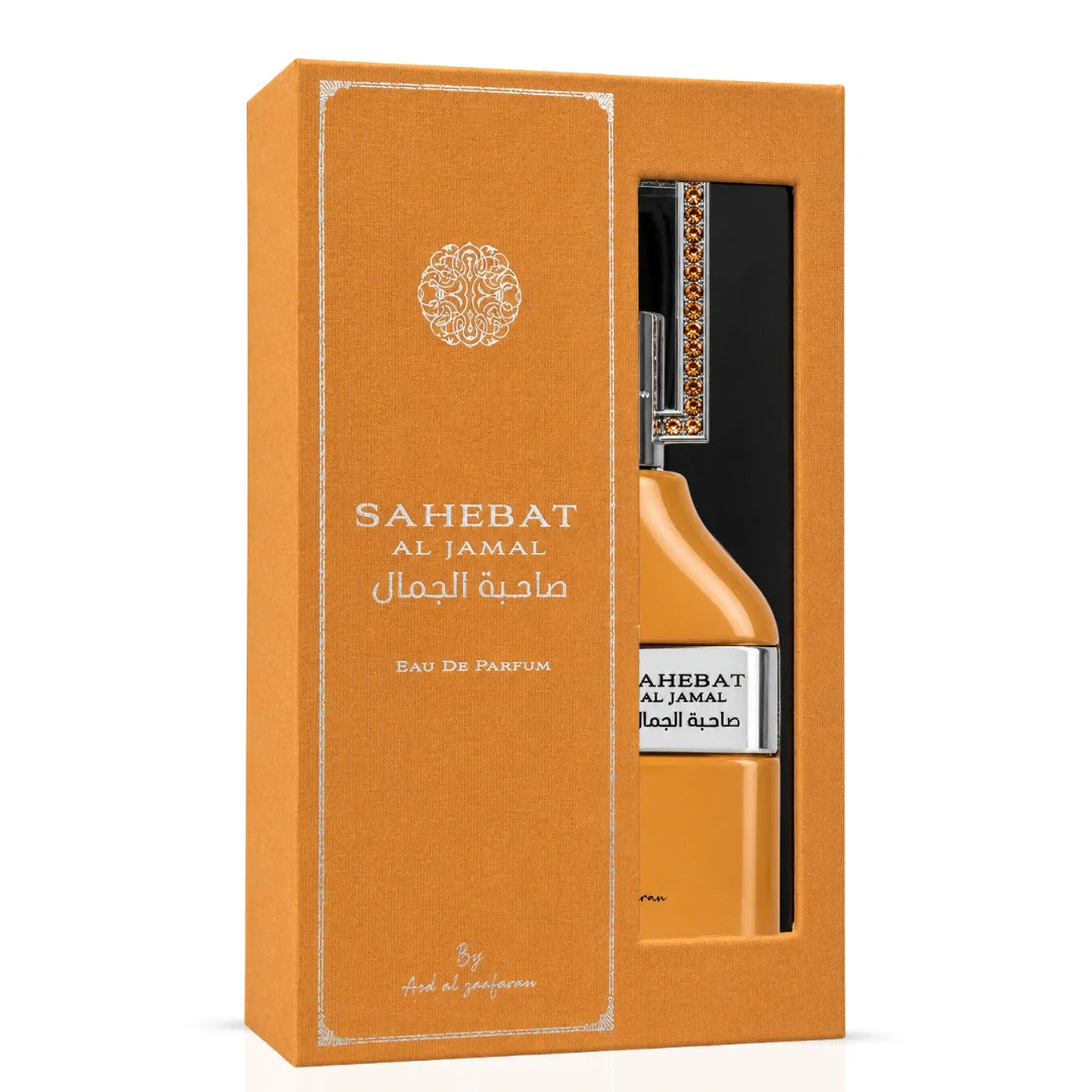Sahebat Al Jamal Eau de Parfum spray by Ard Al Zaafaran, 100ml bottle with elegant packaging, showcasing the fragrance bottle.