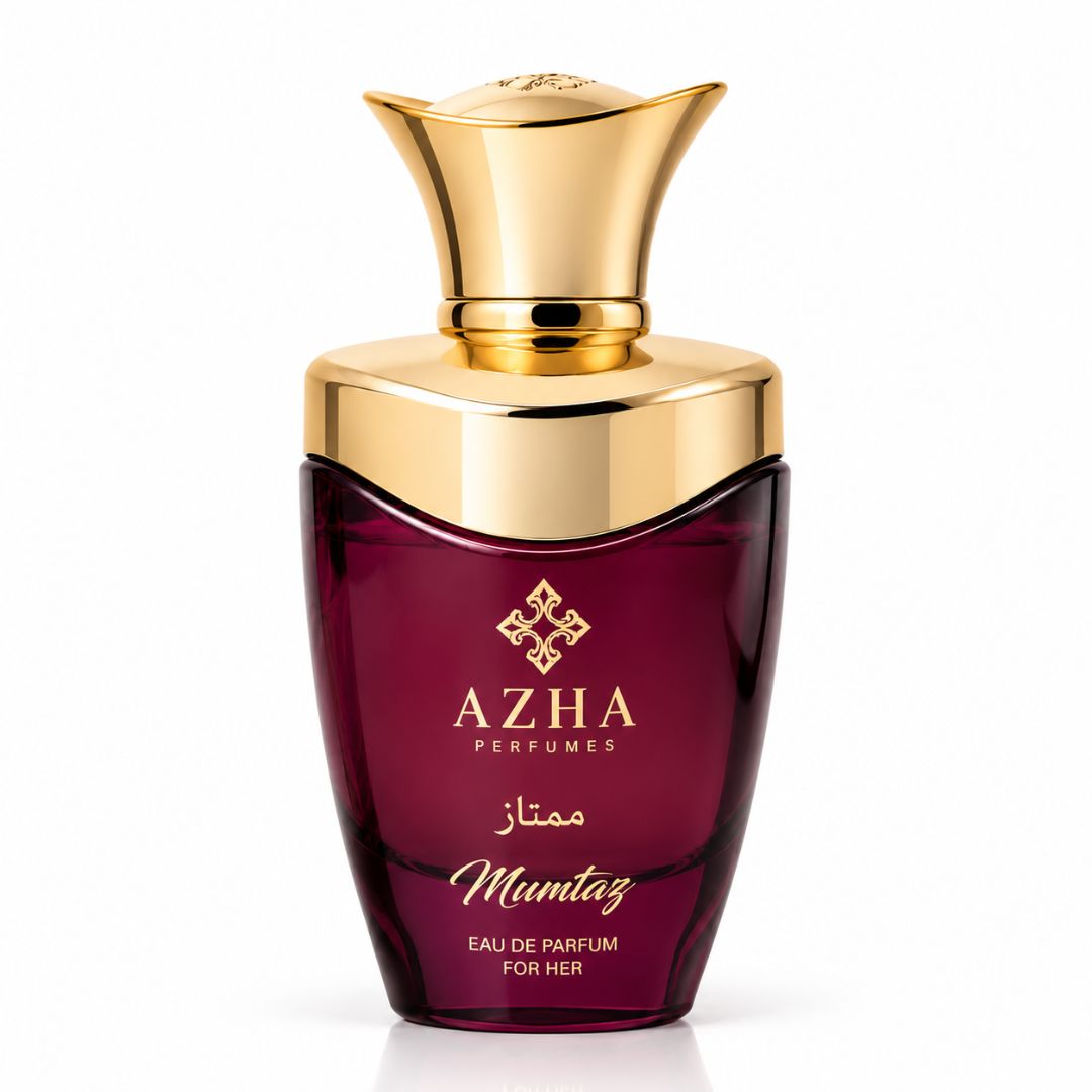 Azha Mumtaz Eau de Parfum spray 100ml bottle, elegant design, showcasing the luxury fragrance packaging.