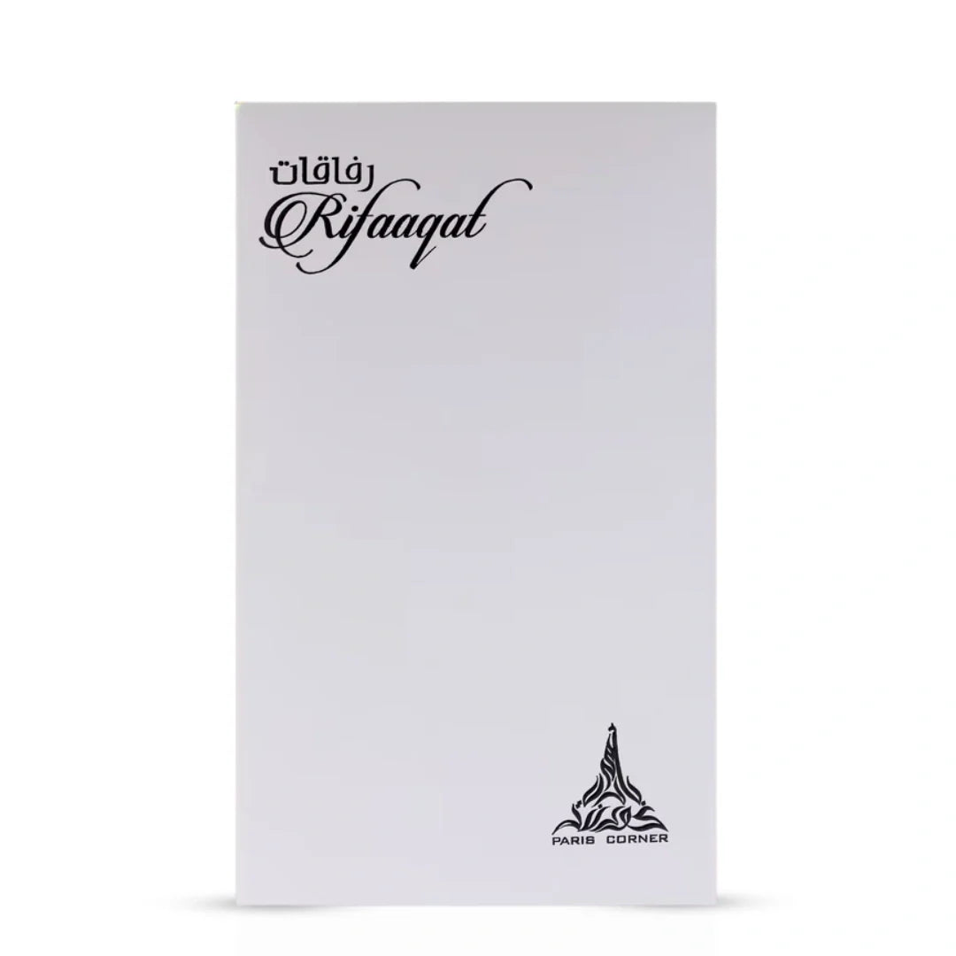 Rifaaqat Eau de Parfum spray by Paris Corner, 80ml bottle with elegant design, showcasing the perfume inside.