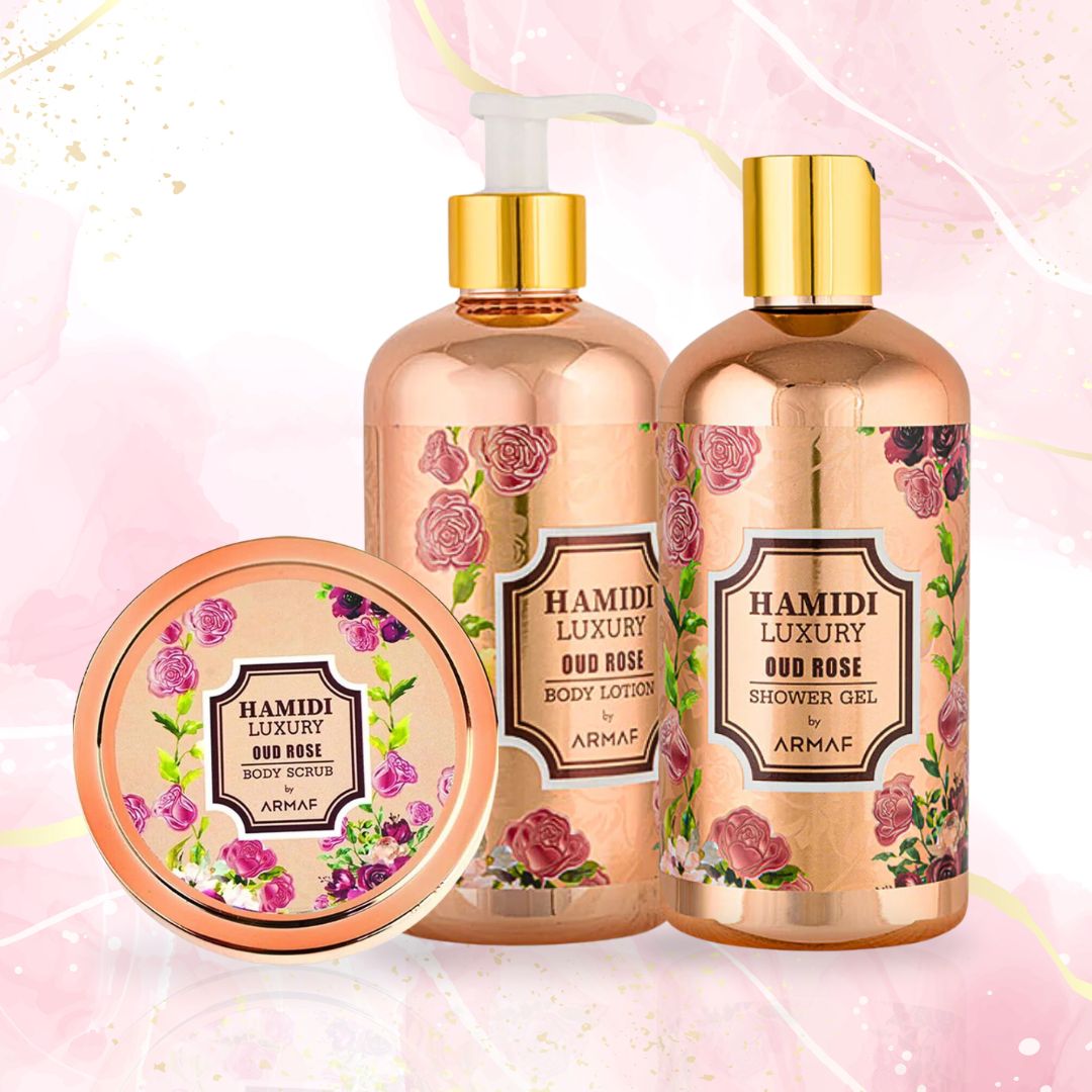 3PCS LUXURY OUD ROSE - Bath & Body Gift Set Magnetic Box By Hamidi | Ultra Moisturizing, Skin-Nourishing, Naturally Derived Ingredients. (Pack Of 3)