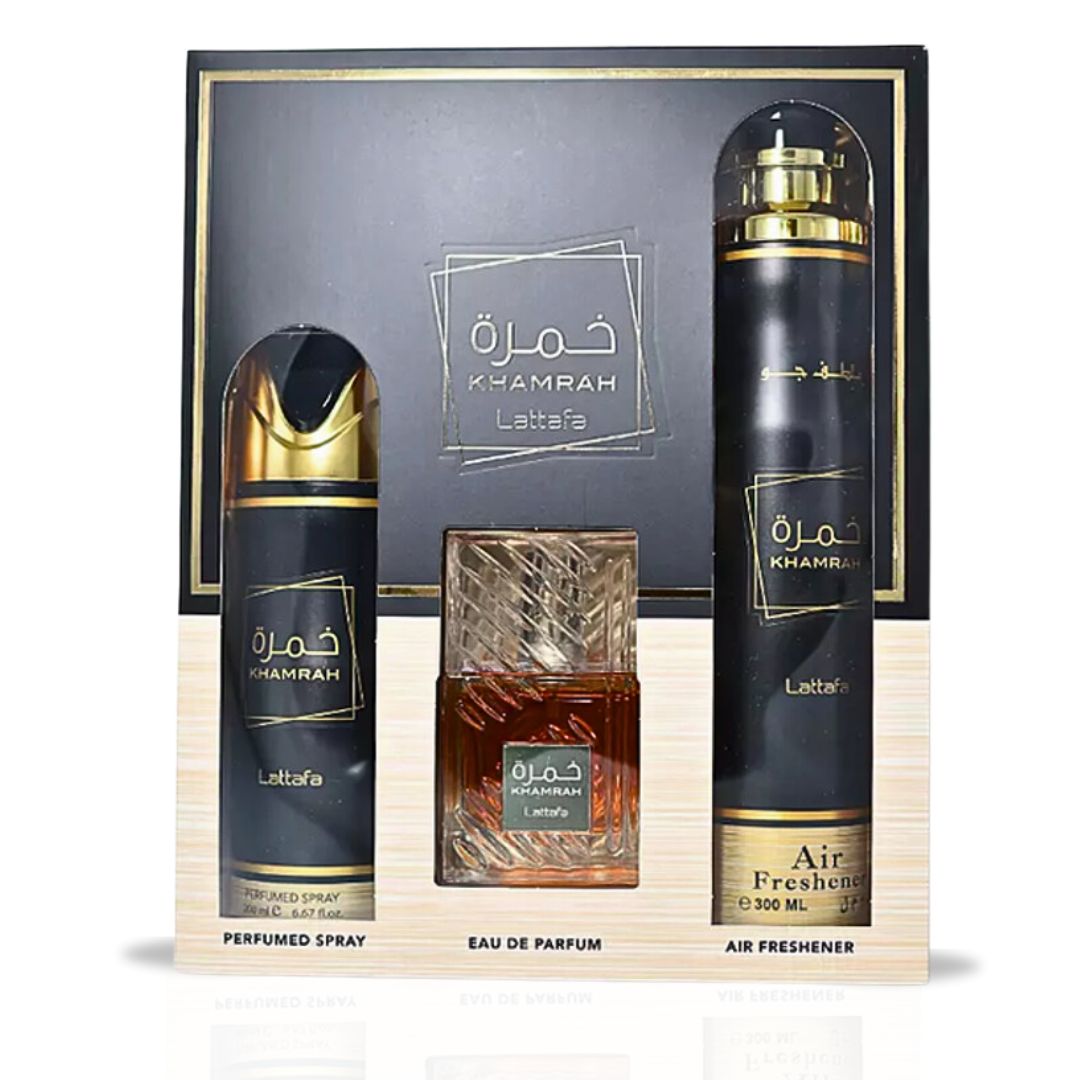 Khamrah Gift Set EDP - 100ML, Perfumed Spray 200ML, Air Freshener 300ML | Gift Set by Lattafa