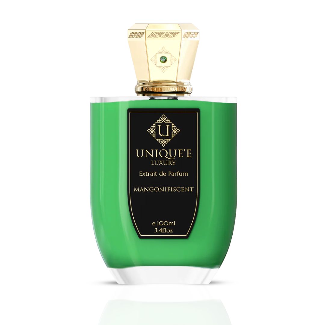 Unique'e Luxury Mangonifiscent Extrait de Parfum 100ml bottle with elegant packaging and a sleek, luxurious design.