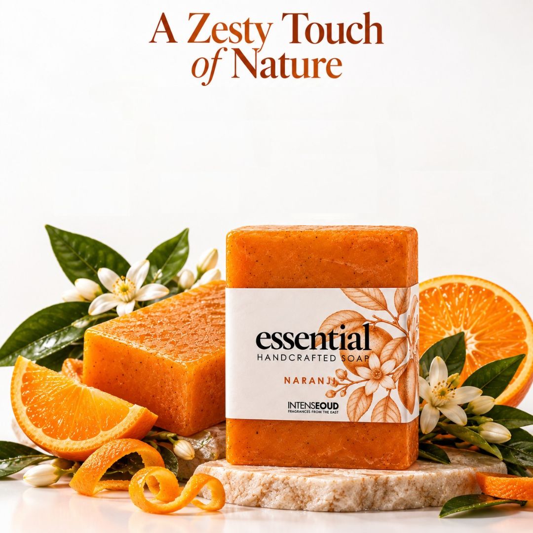 Collection of 150g handmade soaps by Intense Oud featuring Chameli, Vanilla, Rose, Naranji, and Ocean scents, displayed together.
