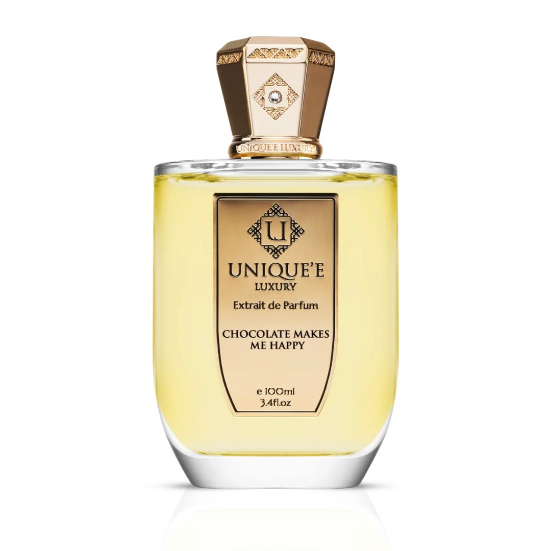 Unique'e Luxury Chocolate Makes Me Happy EDP Extrait de Parfum spray 100ml bottle with elegant packaging.