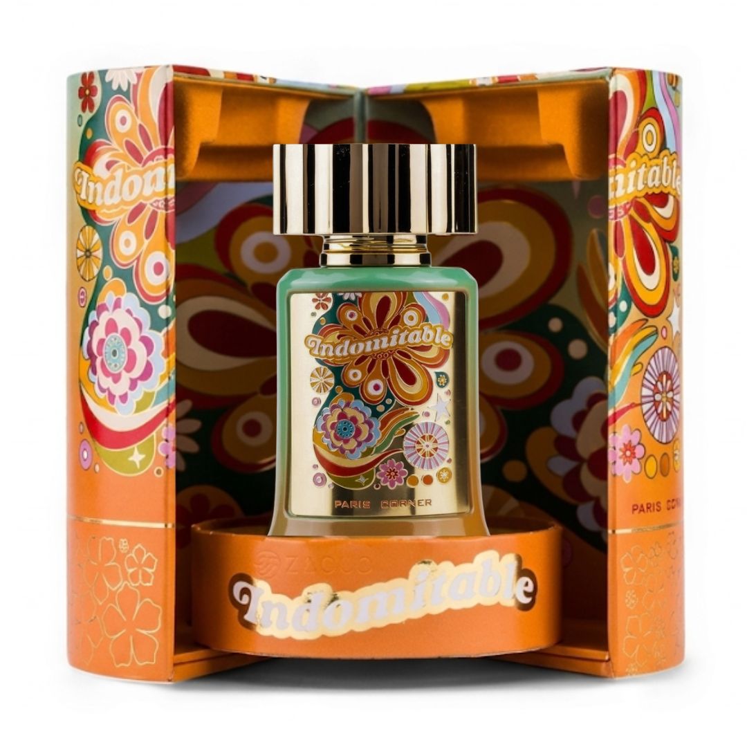 Paris Corner Indomitable Eau de Parfum spray 100ml, elegant glass bottle with a sleek design and floral accents.