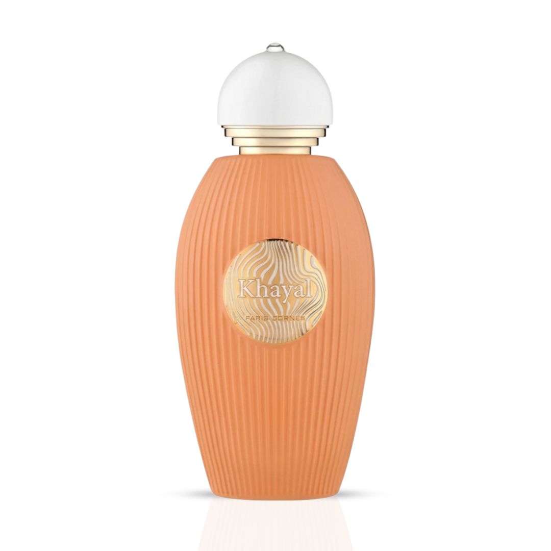 Khayal Eau de Parfum spray by Paris Corner, 100ml bottle with elegant design, showcasing the fragrance packaging and cap.