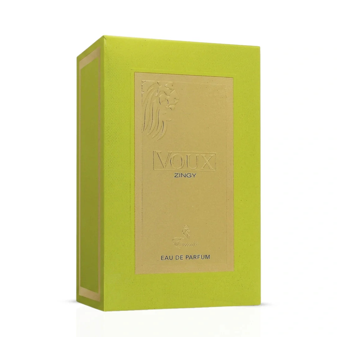 Paris Corner Voux Zingy Eau de Parfum spray bottle, 100ml, with sleek design and elegant packaging.