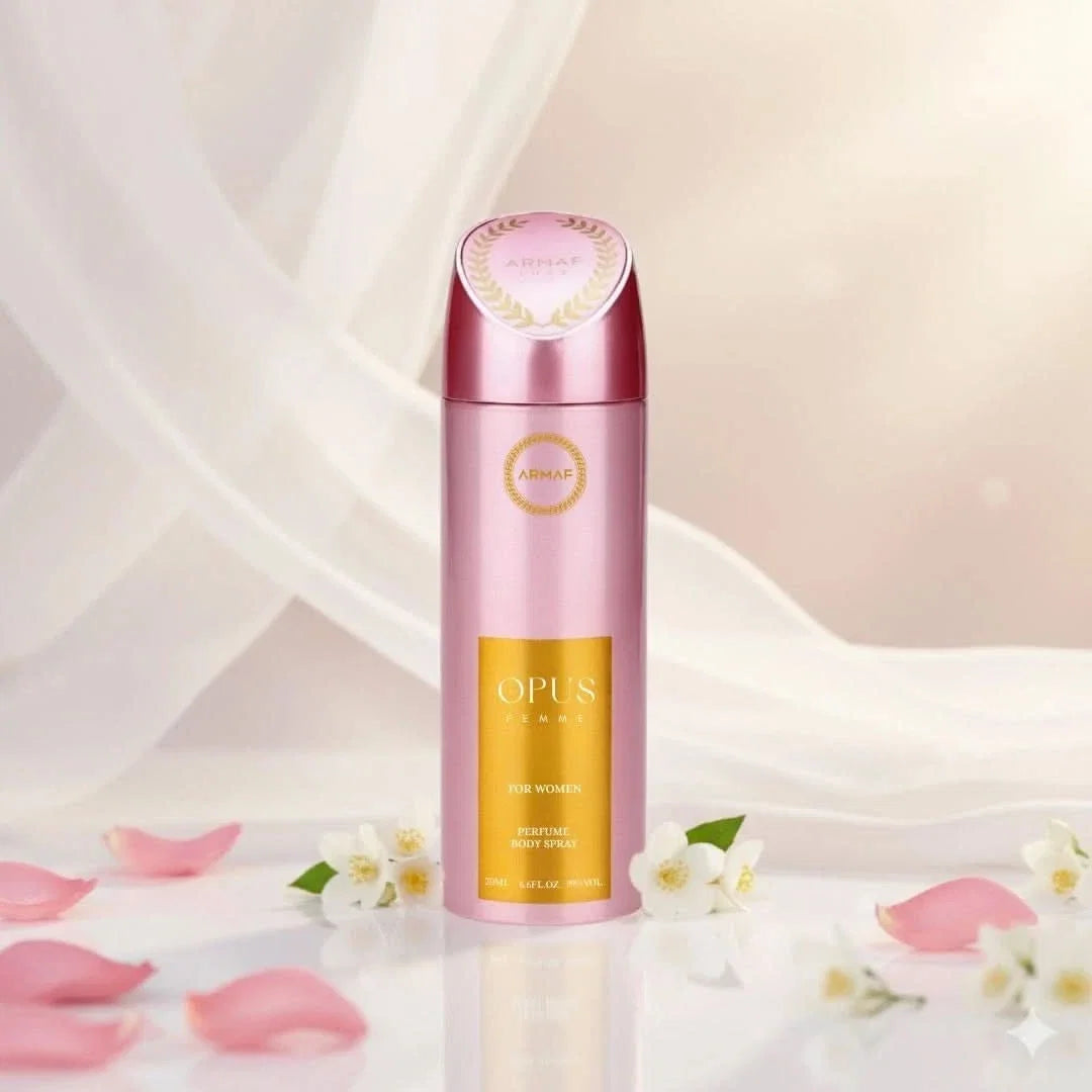 Opus Woman deodorant spray by Armaf in a 200ml bottle, featuring a sleek design and floral scent illustration.
