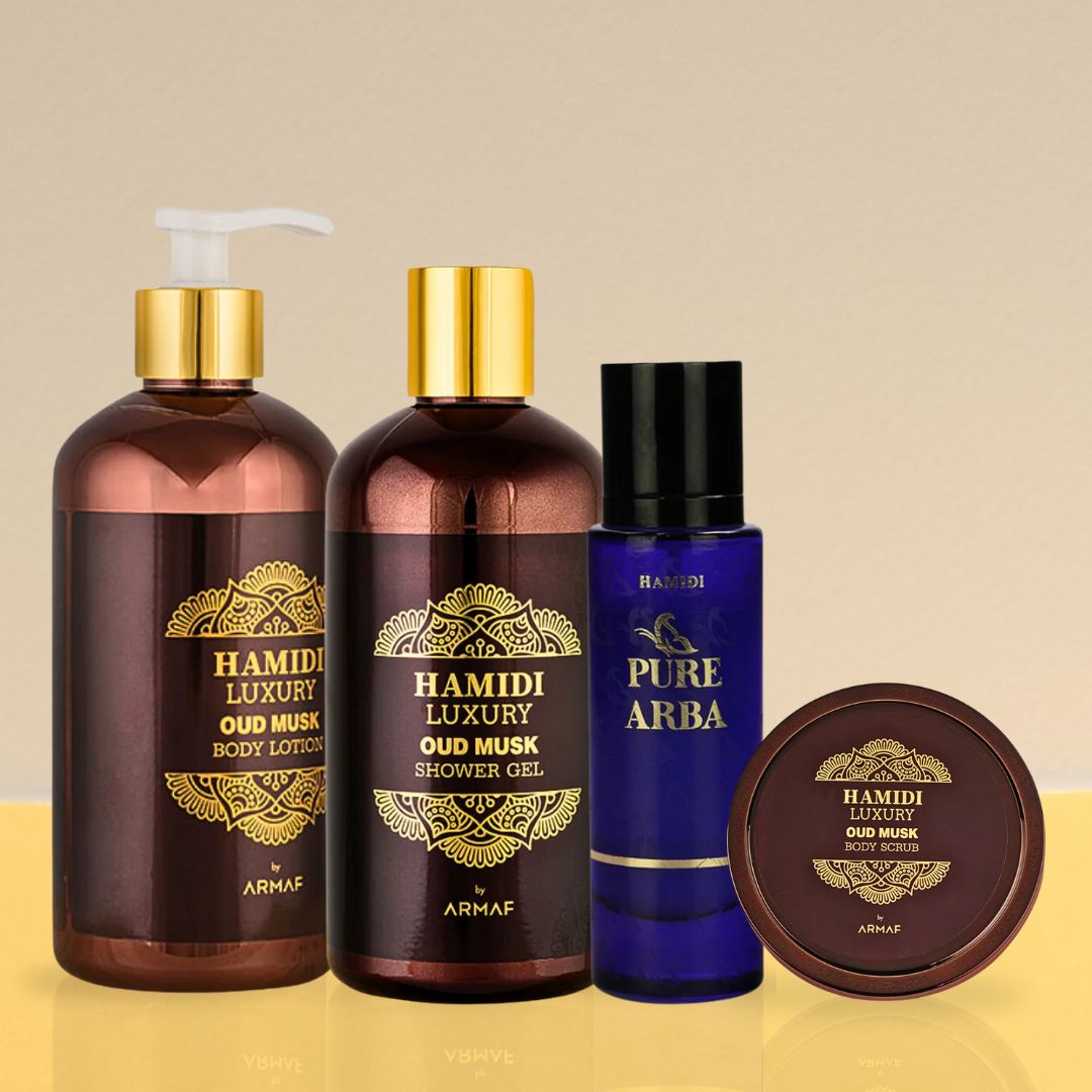 4PCS LUXURY OUD MUSK & Pure Arba - Bath & Body Gift Set Magnetic Box By Hamidi | Ultra Moisturizing, Skin-Nourishing, Naturally Derived Ingredients. (Pack Of 4)