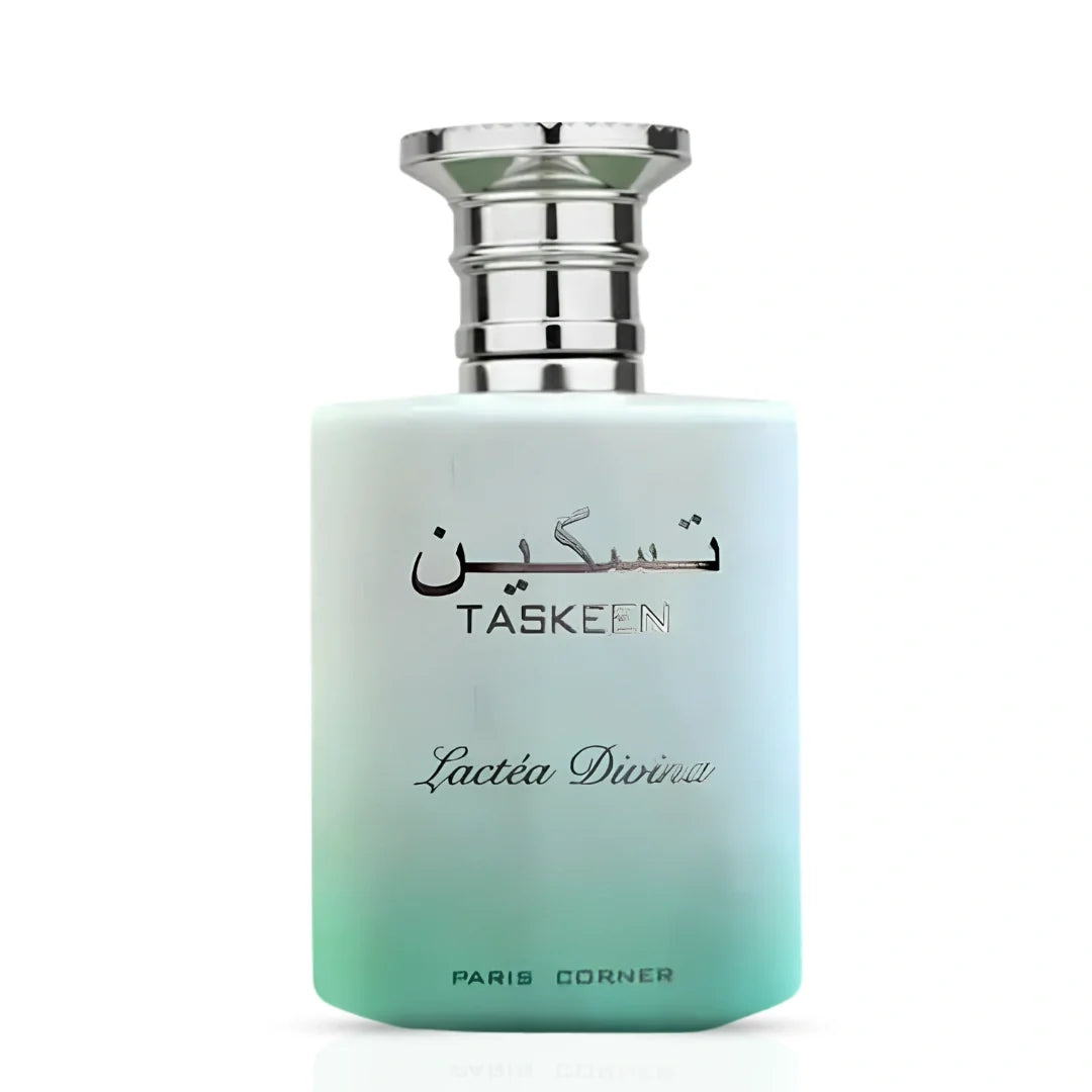 Taskeen Lactéa Divina Eau de Parfum spray by Paris Corner, 100ml, elegant glass bottle with floral and woody fragrance elements.