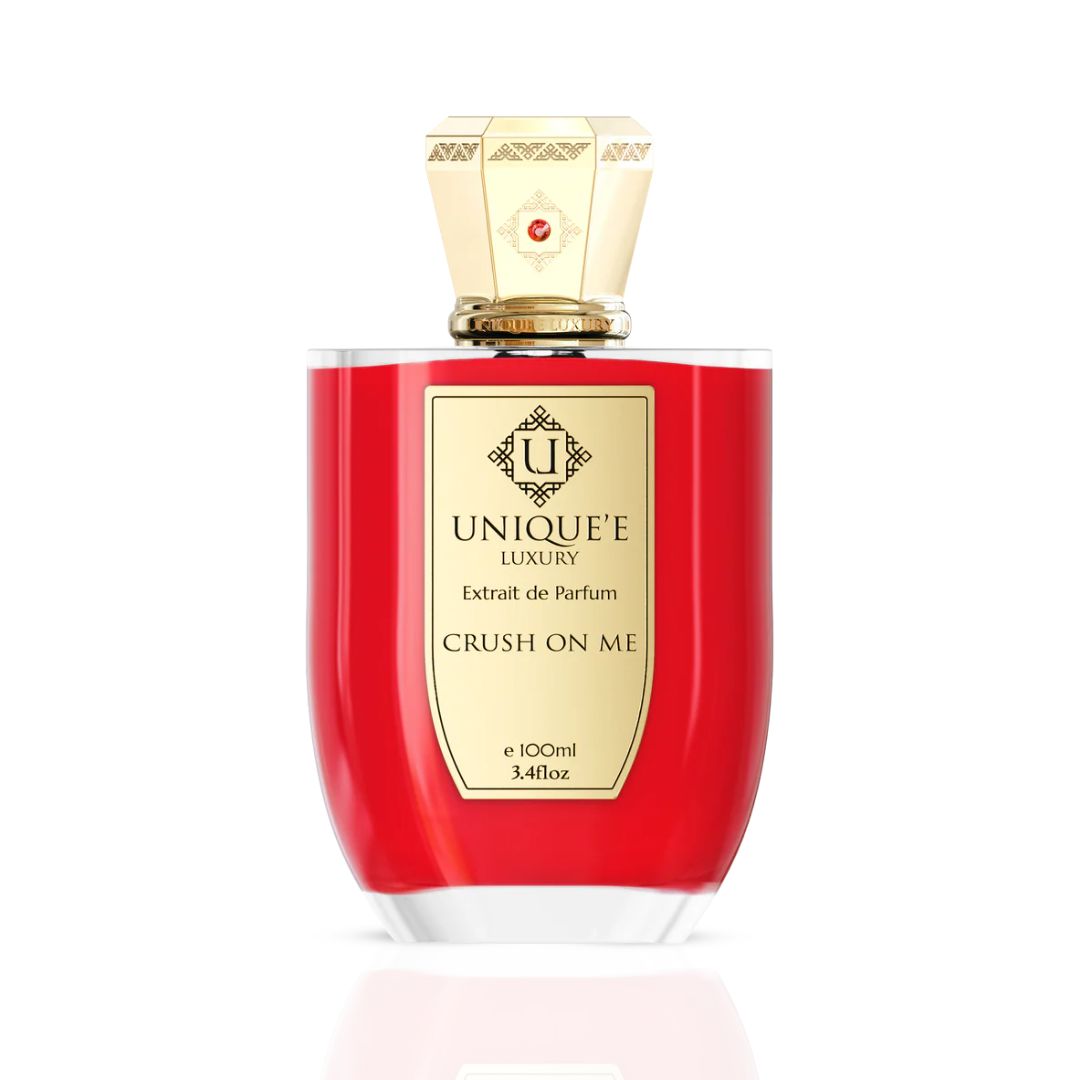 Unique'e Luxury Crush On Me Extrait de Parfum 100ml bottle, elegant glass container with black cap, showcasing luxury perfume design.