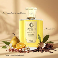 Unique'e Luxury Hidden Accords Extrait de Parfum 100ml EDP bottle with elegant black cap and minimalist design.