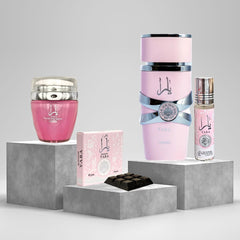 YARA Eau De Parfum Spray 100ML, Hand & Body Lotion 45ML, Roll-on Perfume Oil 10ML & Bakhoor 40gm - For Women by Lattafa. (YARA COLLECTION)