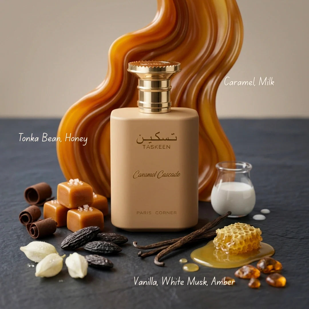 Taskeen Caramel Cascade Eau de Parfum spray by Paris Corner, 100ml, featuring a sleek bottle with caramel-colored liquid.