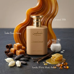 Taskeen Caramel Cascade Eau de Parfum spray by Paris Corner, 100ml, featuring a sleek bottle with caramel-colored liquid.
