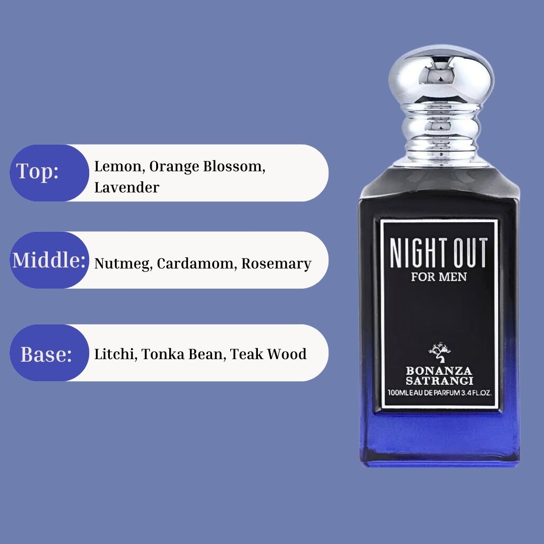 Night Out For Men EDP Spray 100ML (3.4 OZ) by Bonanza Satrangi | Long Lasting, Refreshing, Exotic, Luxurious Fragrances.