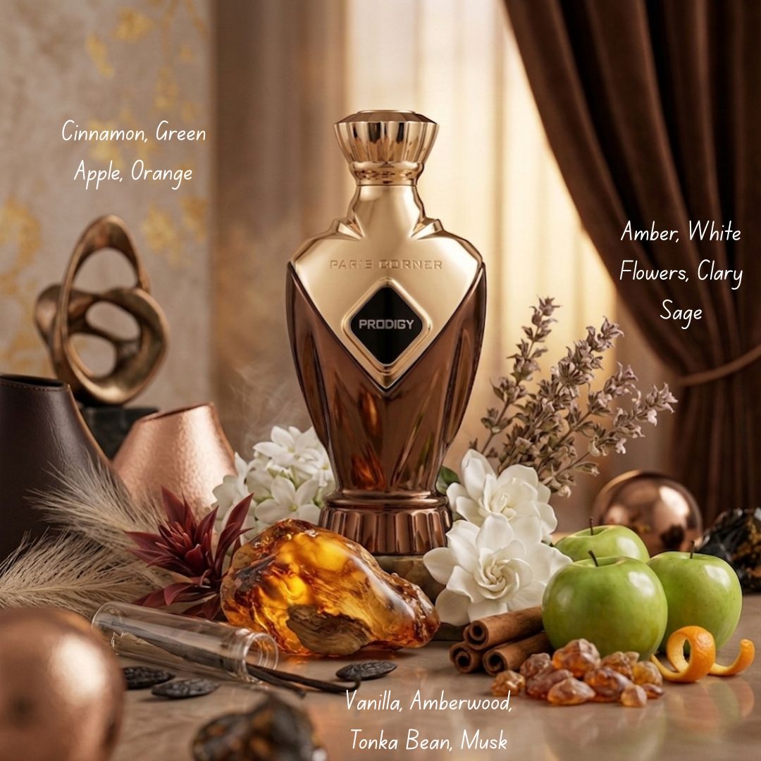 Prodigy Eau de Parfum Spray by Paris Corner, 100ml bottle, elegant glass container with a sleek design.